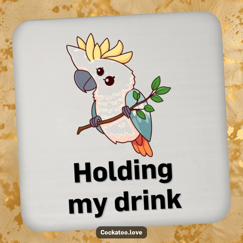 Funny cockatoo drink coaster featuring a determined bird gripping a tiny, stylized branch, adding a touch of strength and focus to any table.