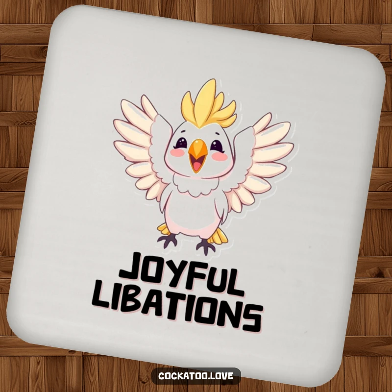 Funny drink coaster with a joyful cockatoo spreading its wings wide, adding a touch of happiness to tables.