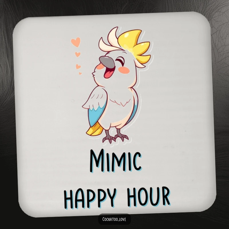 Funny cockatoo coasters, cheerful bird mimicking a funny sound, cute table protection, adding amusement.