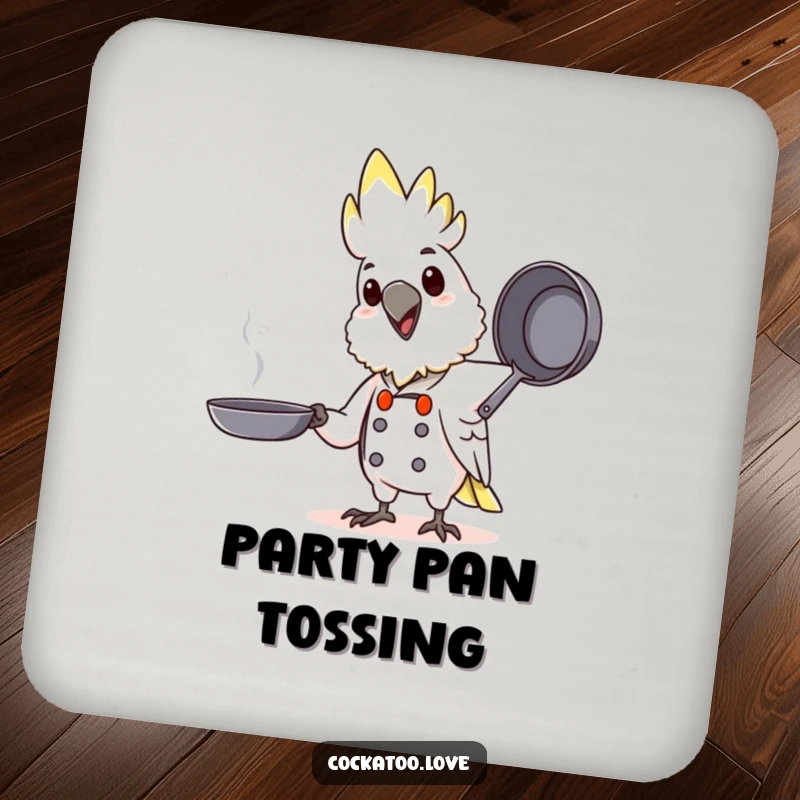 Funny Chef Cockatoo Drink Coaster: A happy cockatoo chef character tossing a pretend pan, adding culinary charm to drink surfaces.