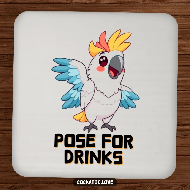 Funny cockatoo coaster, vibrant, striking an amusing pose, adding a playful and protective element to any table.