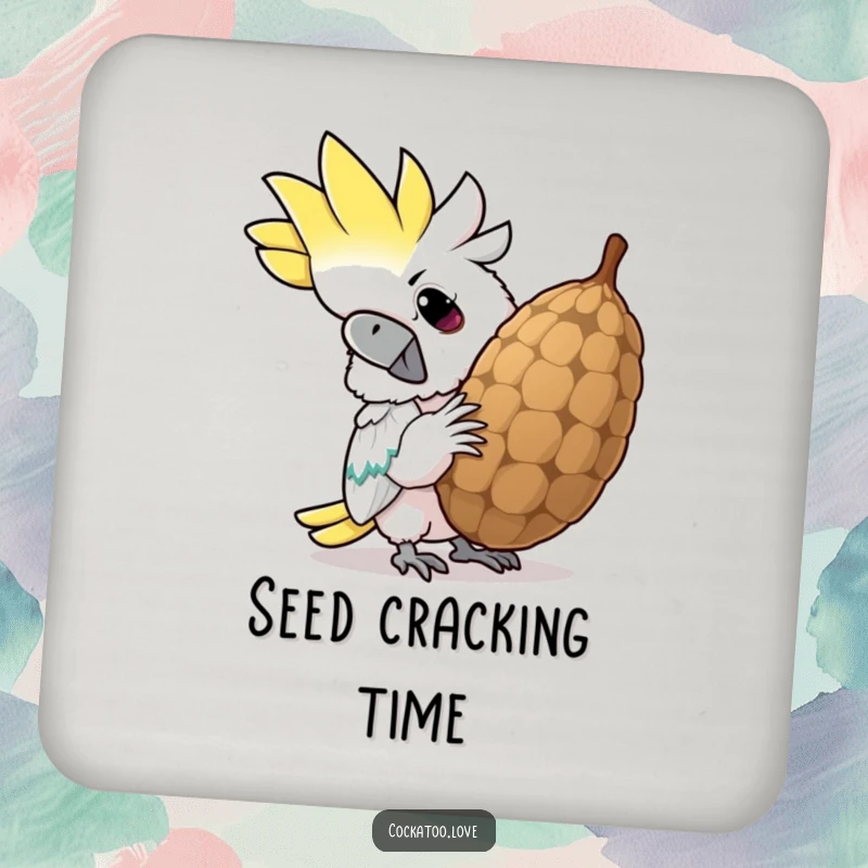 Funny cockatoo coaster, showing a determined bird cracking a seed with a wide, comical grin, protecting surfaces with style.