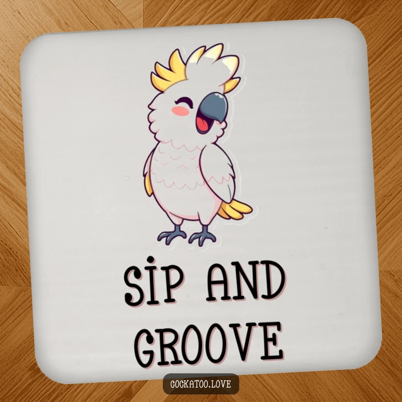Funny Drink Coaster featuring a cockatoo character bobbing rhythmically with a smile, adding humor and charm as a great funny gift.