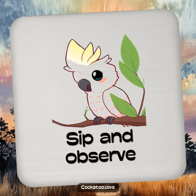 Funny drink coaster featuring a curious cockatoo peeking from behind a leaf, combining function with playful avian humor, a cute funny gift.