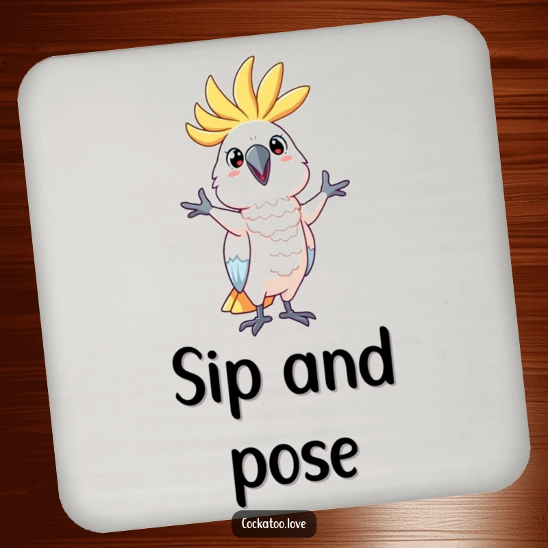 Funny Drink Coaster featuring a cockatoo character in a playful pose, adding humor and protecting surfaces as a great funny gift.