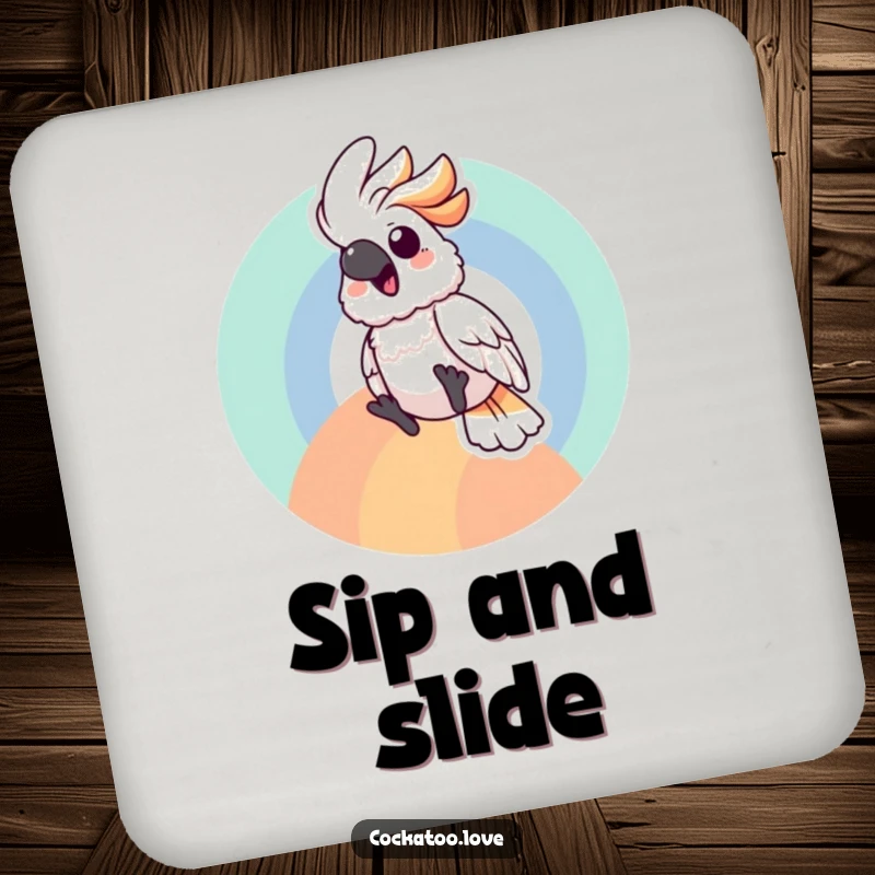 Gleeful cockatoo bird character sliding down a colorful rainbow on a drink coaster, adding fun protection.