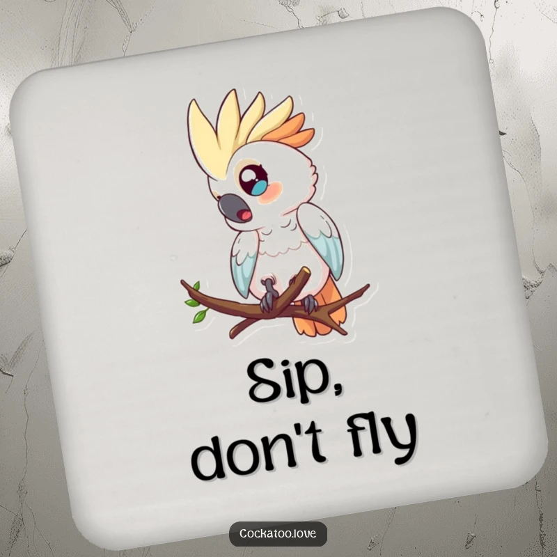Funny drink coaster featuring a surprised cockatoo with wide eyes, comically tumbling from a branch.