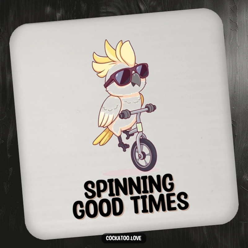 Funny cockatoo coaster, sporting sunglasses, riding a unicycle, protecting surfaces with a dose of quirky, avian-inspired humor.