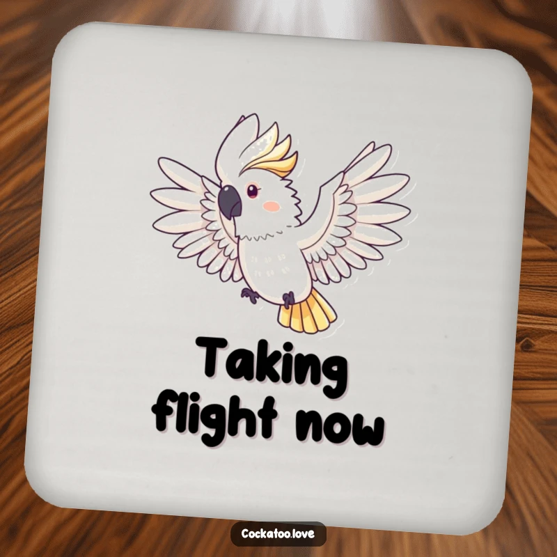 Funny Cockatoo Coasters: A cockatoo with wings spread wide is depicted, ready for flight, adding a funny touch to drink service.