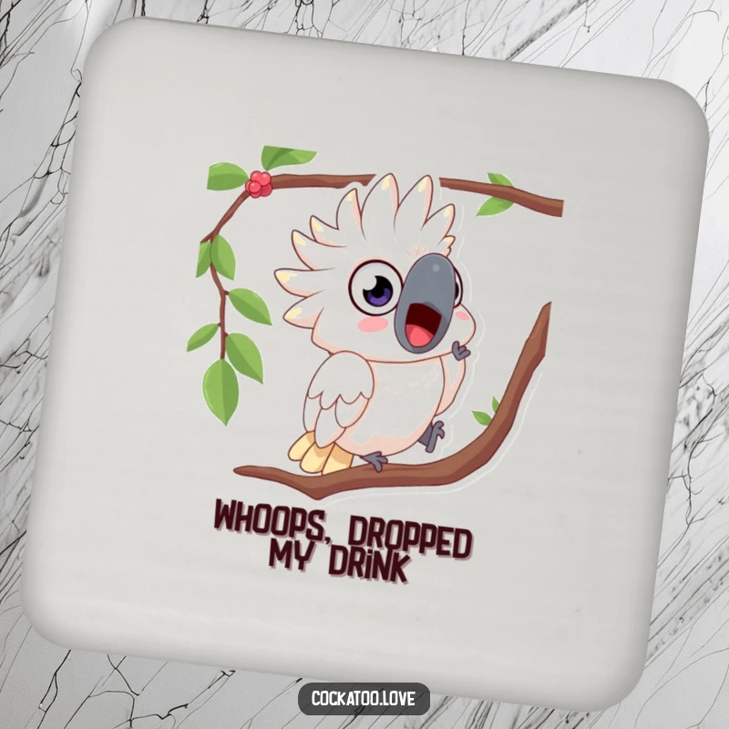Funny drink coaster featuring a surprised cockatoo with wide eyes, hilariously tumbling from a branch.