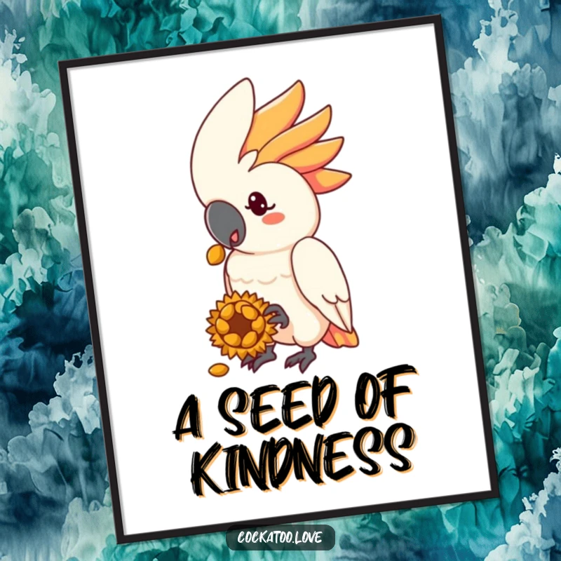 Funny cockatoo poster depicting a gentle bird character offering a sunflower seed treat as a kind gesture.
