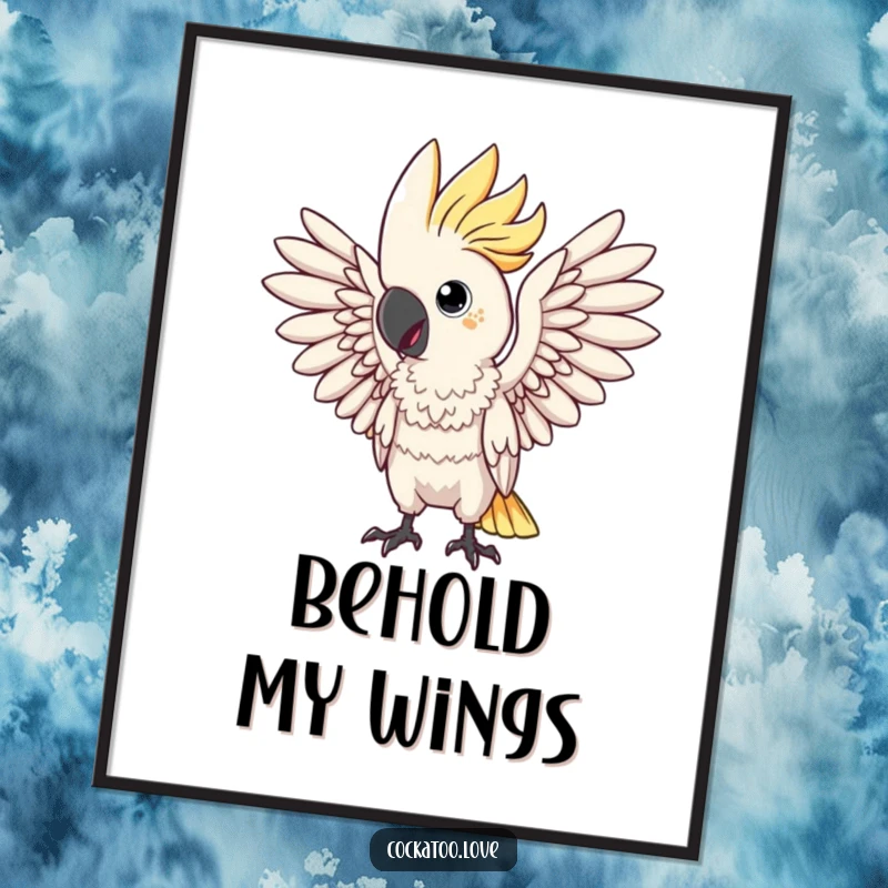 Funny poster of a cockatoo bird striking a dramatic pose with its wings spread wide, ready for a grand performance. This art is pure theater.