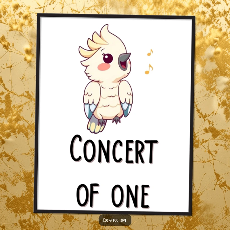 Funny Cockatoo Poster: A vibrant cockatoo joyfully whistles a happy tune, with musical notes creating a funny, artistic display.