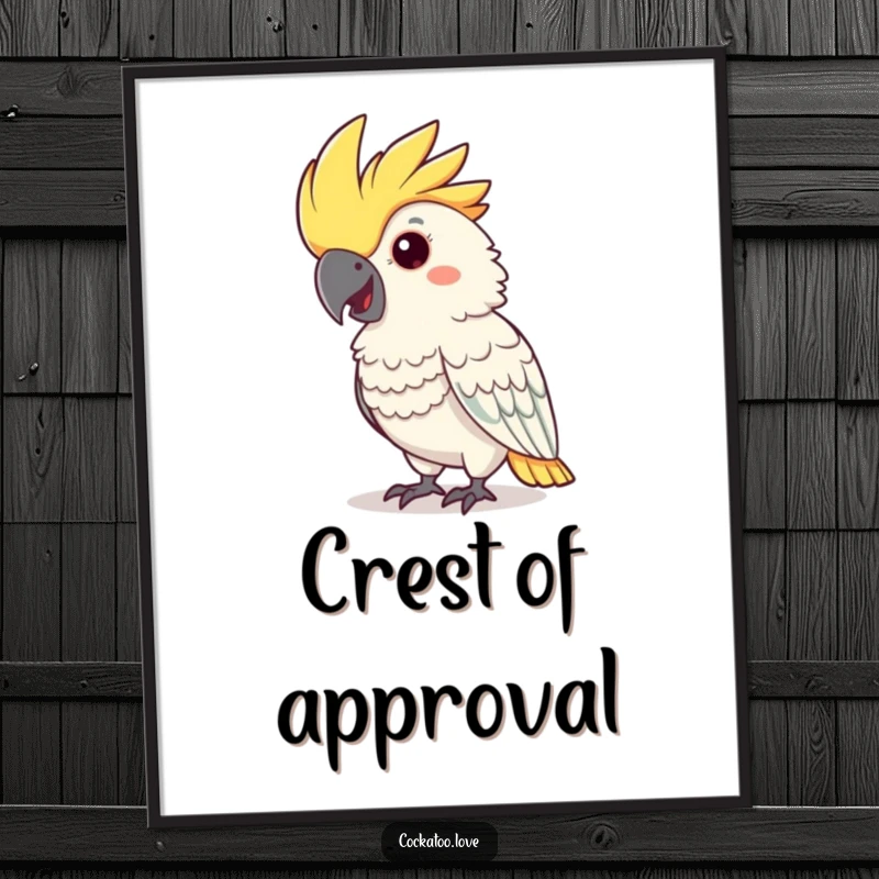 Funny cockatoo poster print showing a cheerful bird with a flamboyant crest giving a friendly nod.