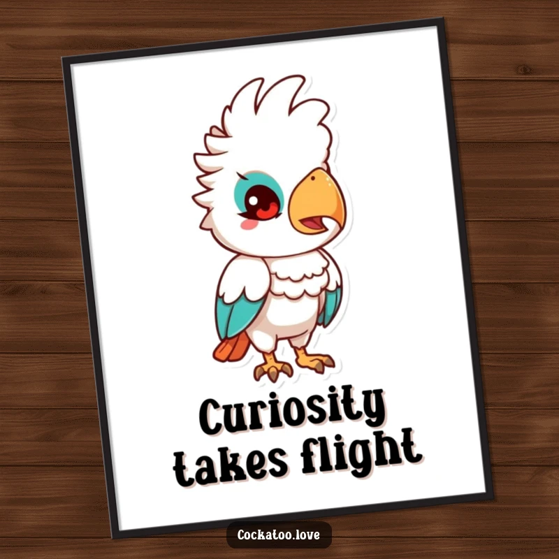 Funny Quizzical Cockatoo Poster: A cockatoo character tilting its head with a quizzical expression, symbolizing curiosity and contemplation.