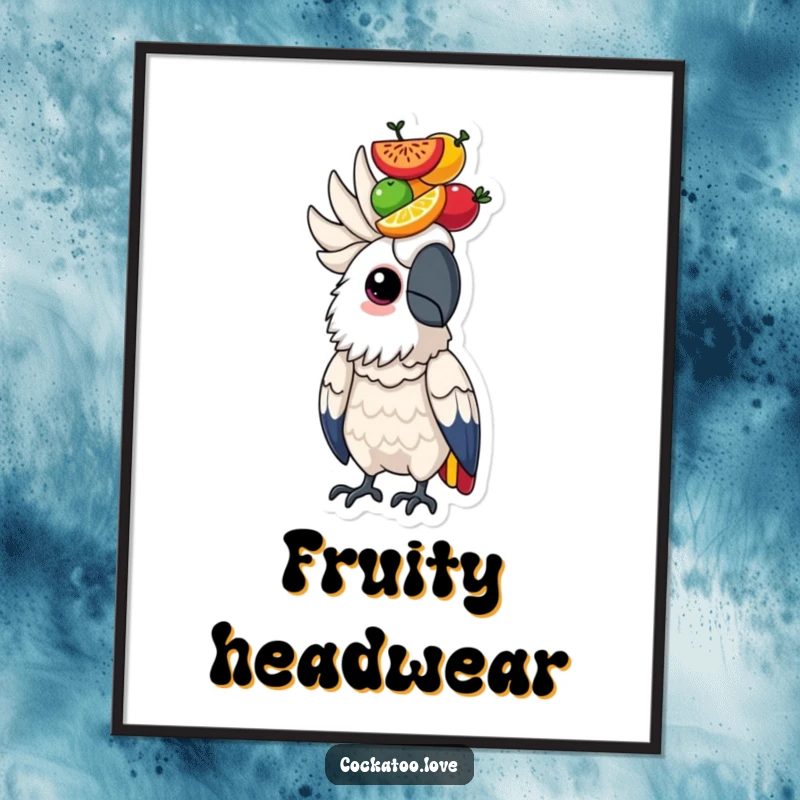 Determined cockatoo bird artwork balancing a tall stack of colorful fruits on its head, symbolizing focus and strength.