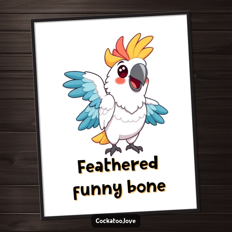 Funny cockatoo poster, vibrant feathers, striking an amusing and memorable pose, bringing cheerful energy to any room.