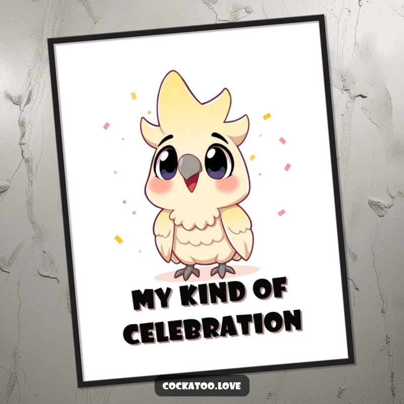 Funny Cockatoo Poster: Wide-eyed bird thrilled by a dazzling display of floating confetti.