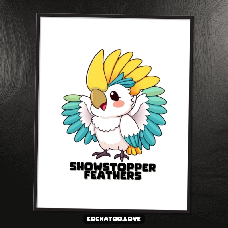 Funny poster: A colorful cockatoo excitedly fans its crest, showcasing a vibrant and humorous tropical bird illustration for wall decor.