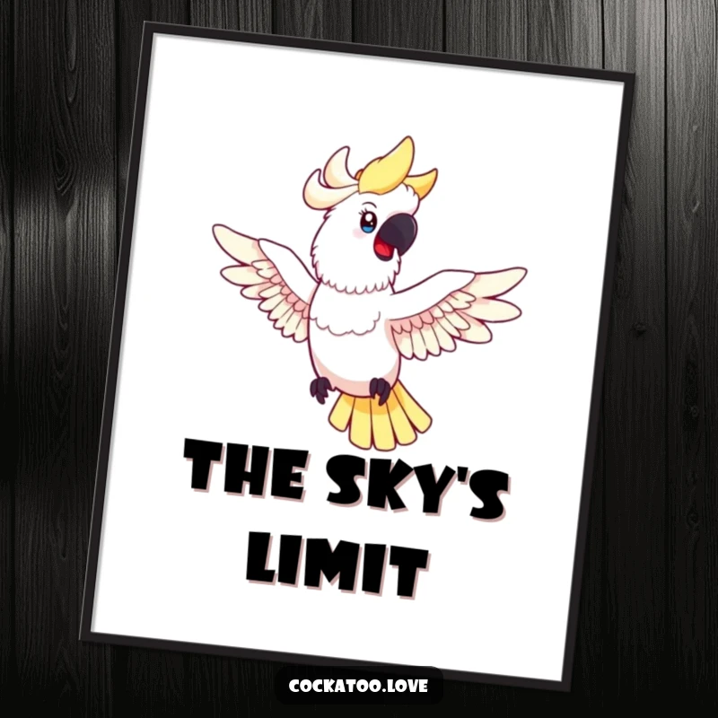 Funny cockatoo poster depicting a happy bird with spread wings playfully posing mid-flight, evoking feelings of joy, freedom, and aspiration.