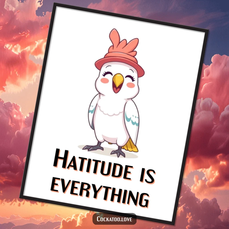 Funny Cockatoo Hat Poster a delightful bird in a tiny hat squawks with unbridled glee, adding a humorous and artistic touch to any room.