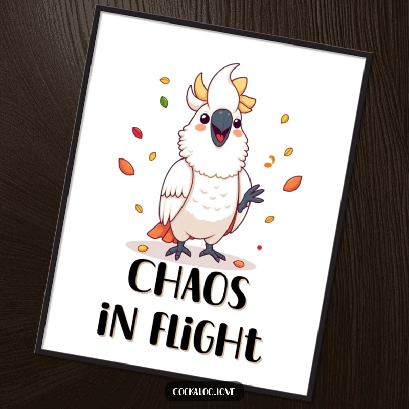 Funny cockatoo poster, a cheerful bird artistically balancing multiple colorful seeds while juggling them.