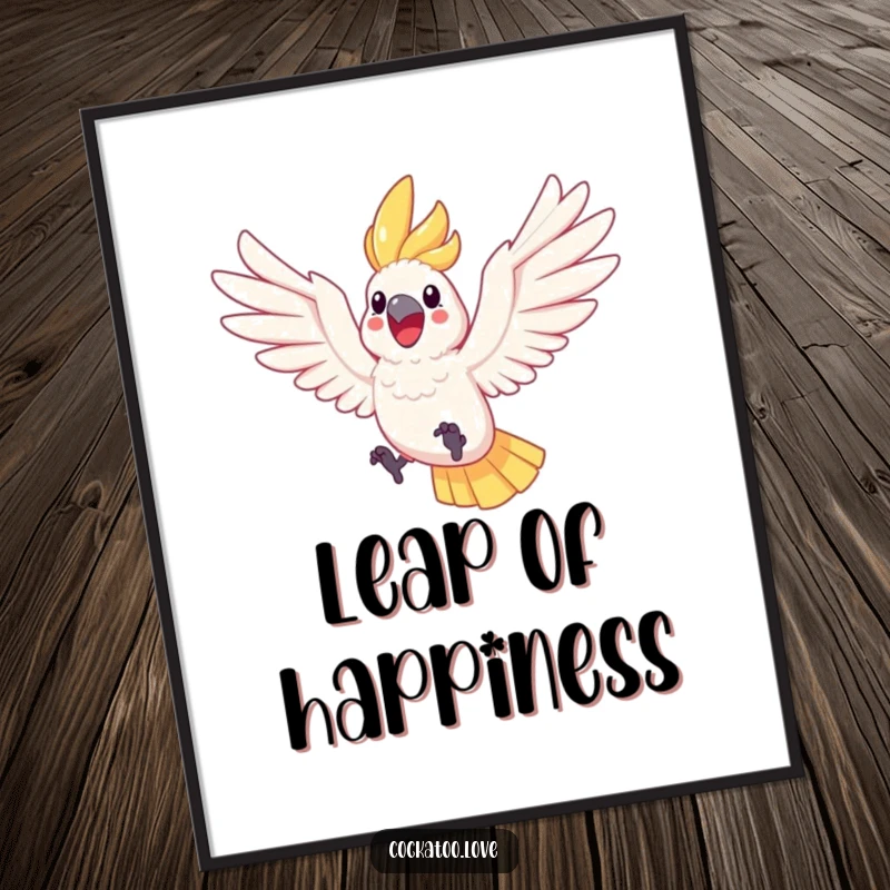 Funny Cockatoo Leaping Poster a delightful cockatoo with wings spread leaps joyfully, adding a humorous and uplifting artistic touch to any room.