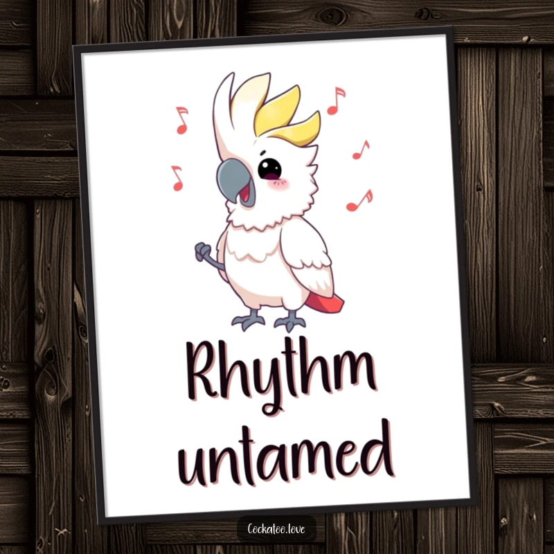 Funny Cockatoo Poster energetically bobbing head to music, vibrant colors, a lively piece of art and a perfect funny gift.