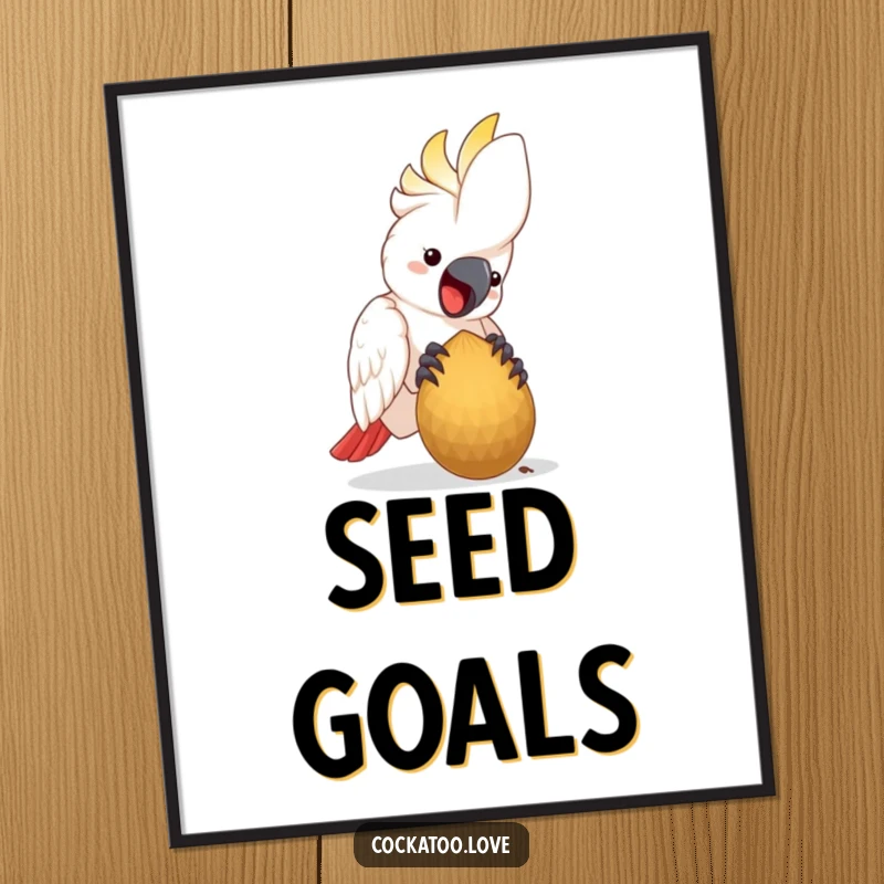 Funny Poster featuring a happy cockatoo bird diligently pecking at a large seed, a charming and humorous illustration.