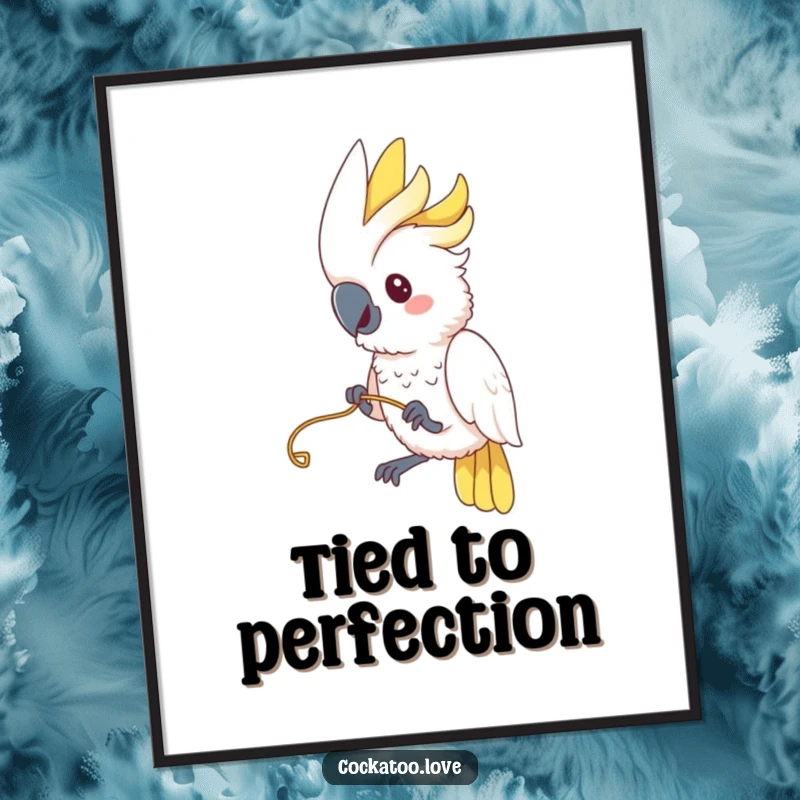 Funny Cockatoo Poster: A cockatoo playfully tugs on a string, its expression full of funny mischief and engaging curiosity.