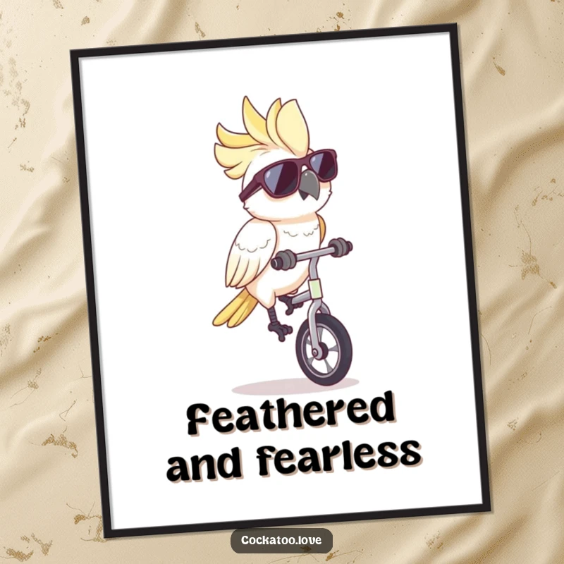 Funny cockatoo poster, wearing stylish sunglasses, masterfully cycling a unicycle, bringing a sense of whimsical joy and humor to any room.