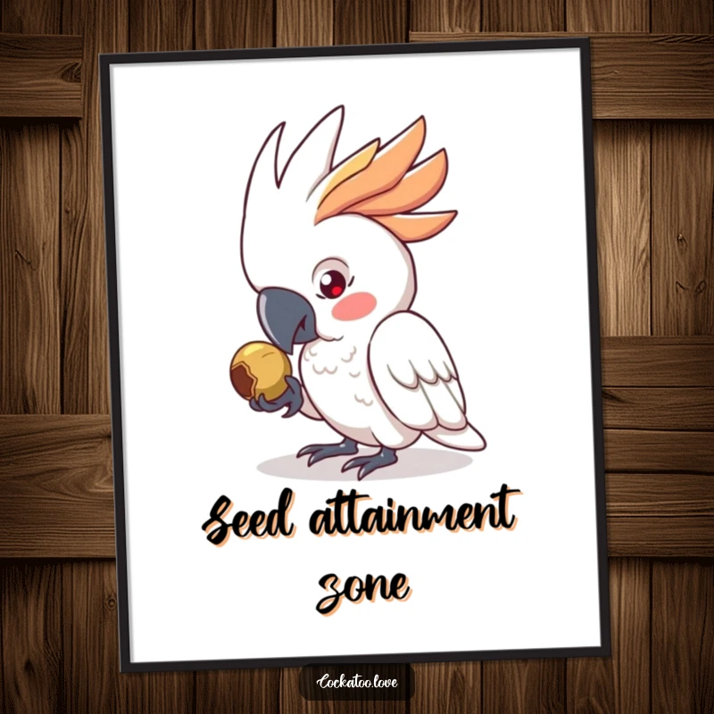 Funny Poster of a determined cockatoo character intensely pecking a seed, a humorous piece of motivational art and a great funny gift.