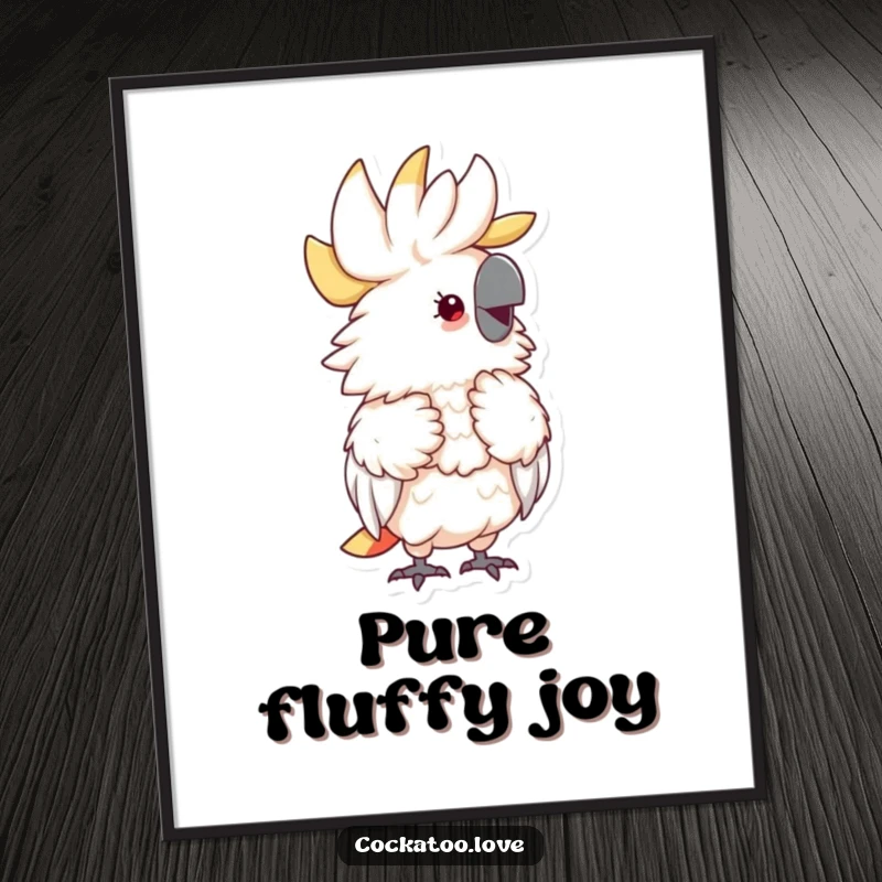 Funny Fluffy Cockatoo Poster print of a delightful, fluffy cockatoo preening its feathers with an expression of extreme joy.
