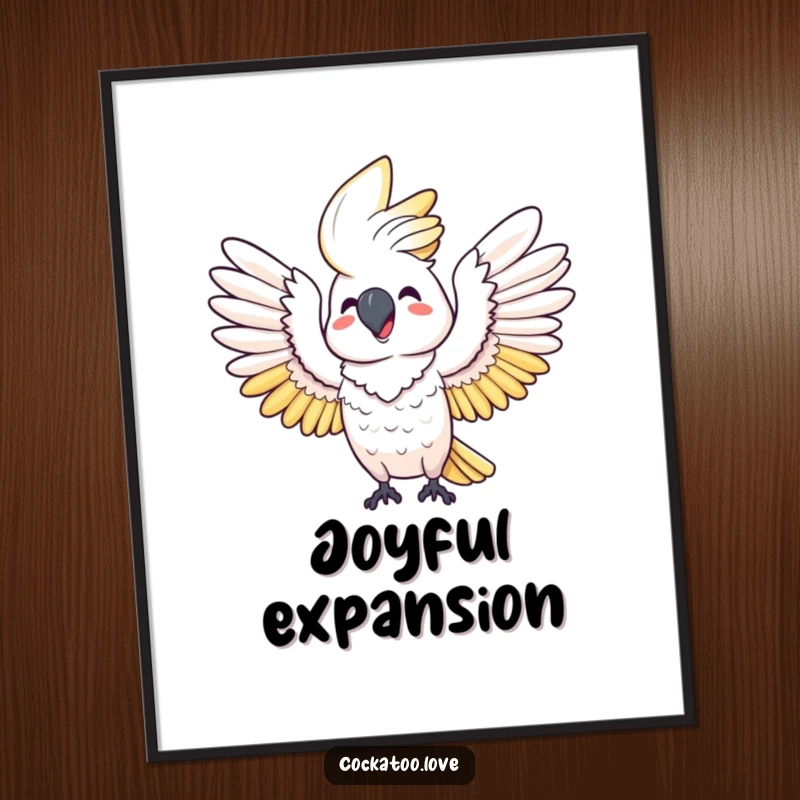 Funny poster: A happy cockatoo joyfully stretches its wings wide, symbolizing freedom and happiness for cheerful wall decor.