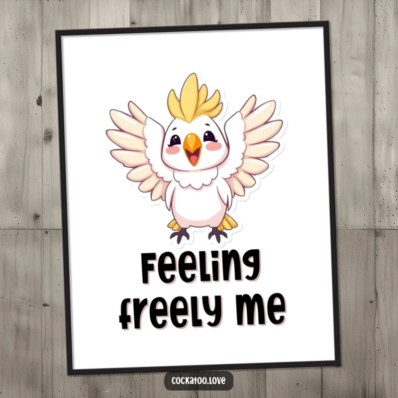 Funny poster of a joyful cockatoo with wings spread wide, creating a beautiful and uplifting piece of art.