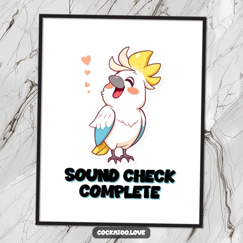 Funny cockatoo poster, cheerful bird mimicking a funny sound, humorous wall art, bringing laughter to the room.