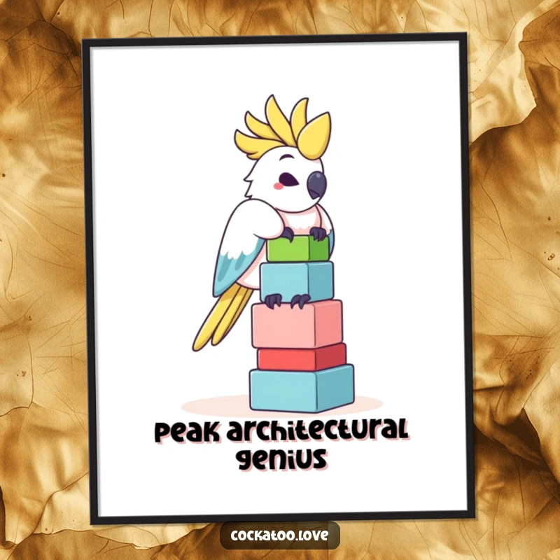 Funny Cockatoo Poster: An artistic cockatoo precariously balances a rainbow stack of blocks, showcasing its quirky, funny personality.