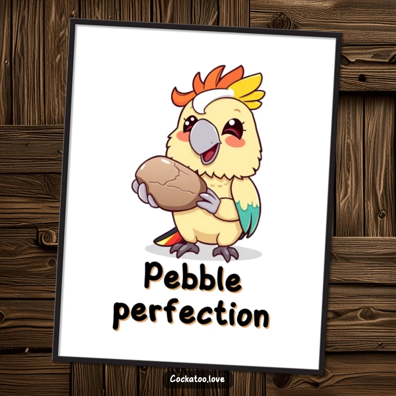 Funny cockatoo poster, colorful bird character offering a shiny pebble with a wide grin, heartwarming wall art.