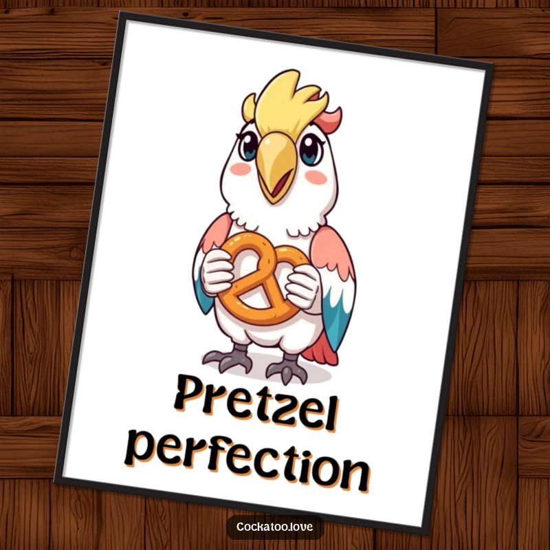 Funny poster of a cockatoo character happily holding a tiny pretzel, a delightful and humorous piece of art.