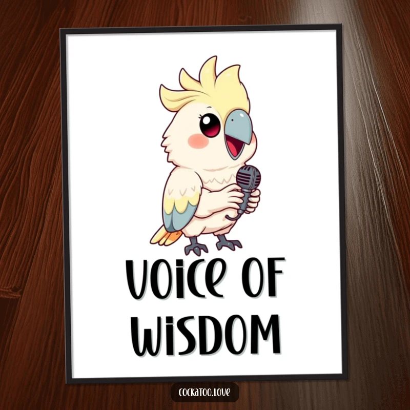 Funny cockatoo poster print of a smiling bird holding a tiny microphone, ready to sing.