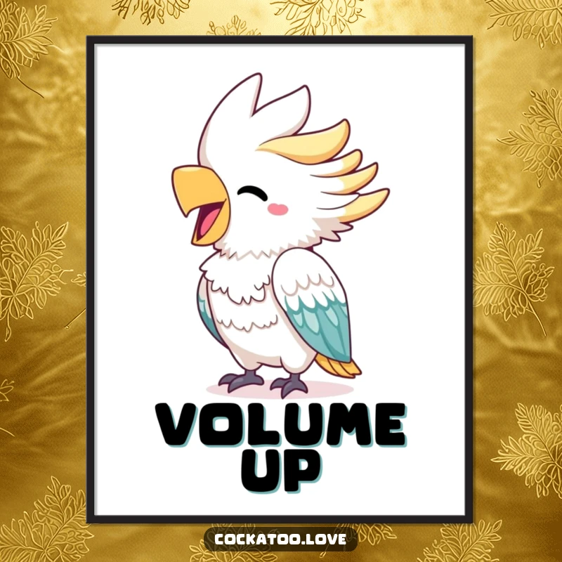 Funny cockatoo poster showing a cheerful bird with a bright beak squawking with delight, creating a lively and energetic atmosphere.