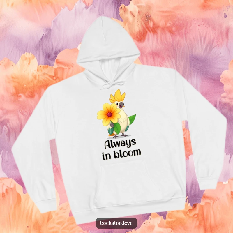 Funny cockatoo hoodie featuring a cheerful bird offering a large flower with a friendly nod, designed for cozy happiness.