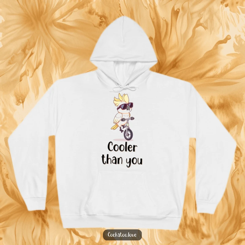 Funny cockatoo hoodie, rocking sunglasses and riding a unicycle, emanates cool confidence and playful charm, ideal for casual wear.