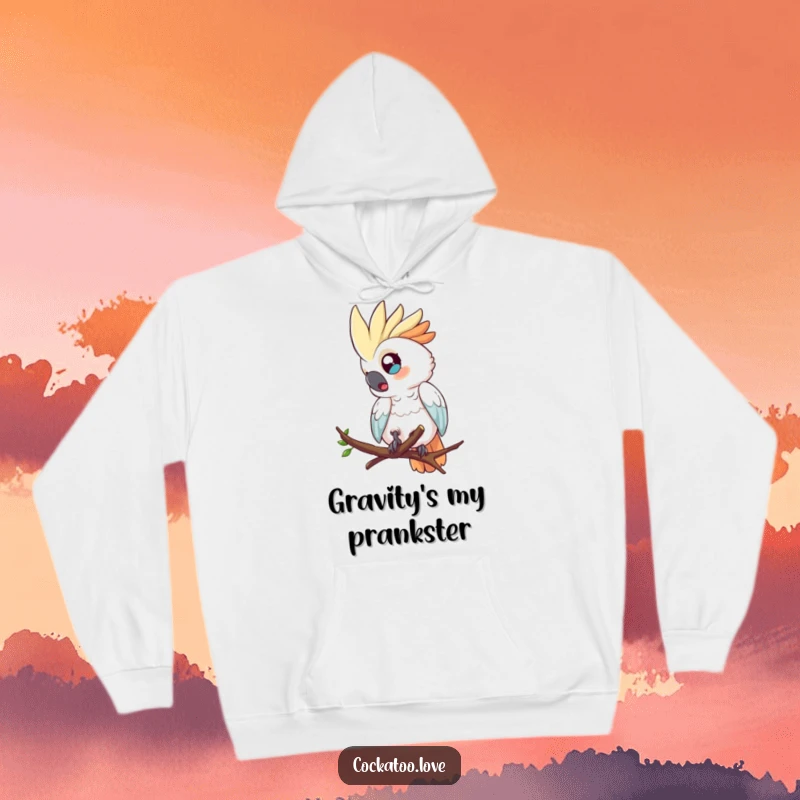 Funny hoodie depicting a surprised cockatoo with wide eyes, in the process of tumbling from a branch.
