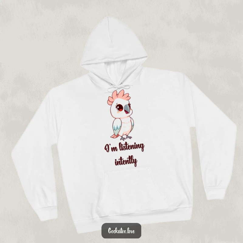 Funny hoodie with a cockatoo bird tilting its head with curious eyes. This cozy apparel is for the ponderers.