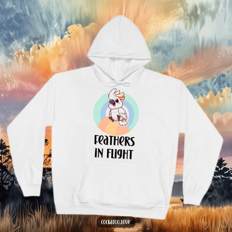 Happy cockatoo hoodie featuring a bird gleefully sliding down a colorful rainbow arc, radiating pure bliss.
