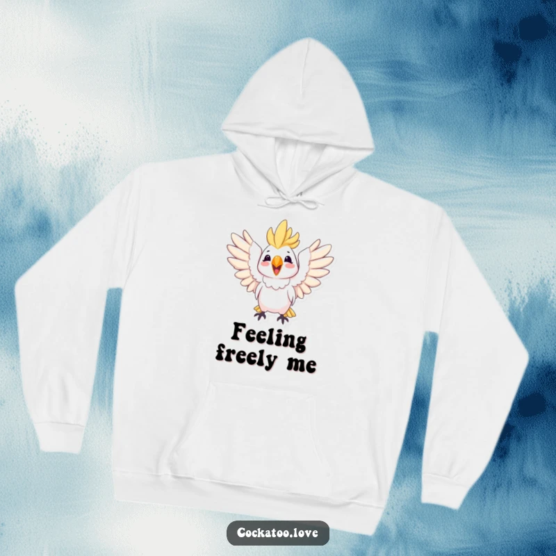 Funny hoodie showcasing a happy cockatoo with wings spread wide, exuding joy and a sense of freedom.