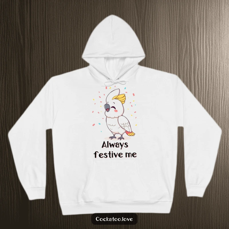 Funny cockatoo hoodie, smiling broadly, showering confetti, creating a cozy and celebratory atmosphere for the wearer.
