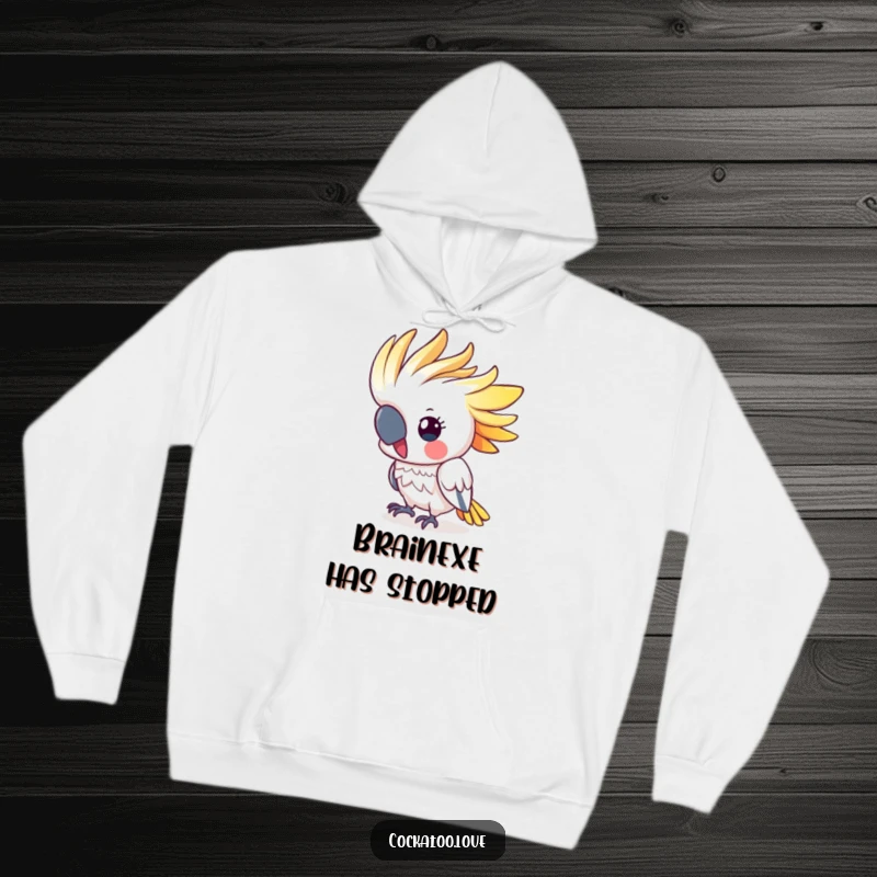 Funny cockatoo hoodie showcasing a cute, colorful crested bird energetically bobbing its head, radiating infectious happiness and playful vibes.