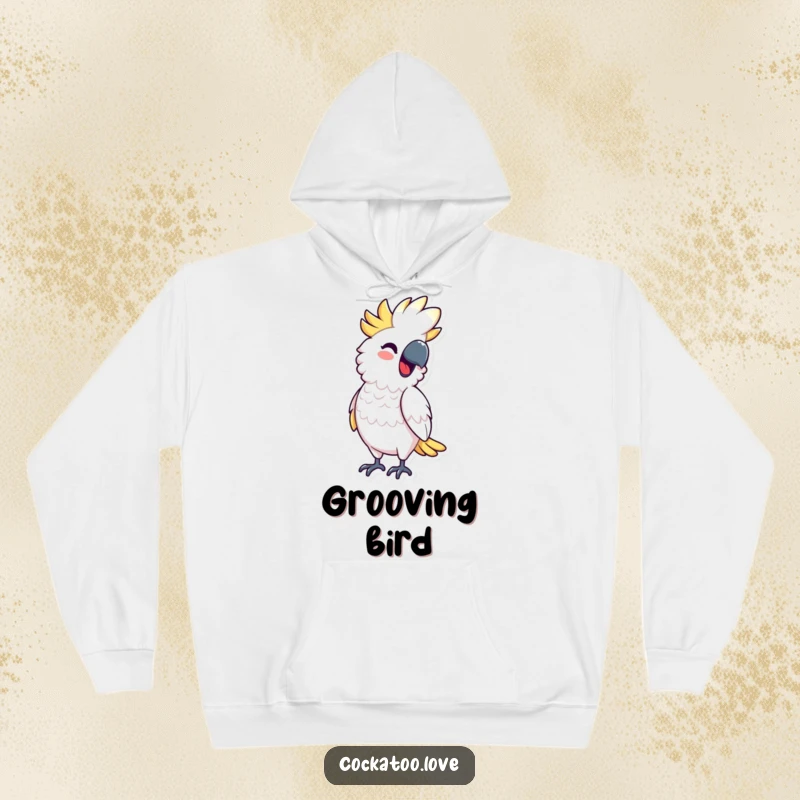 Funny Hoodie depicting a cockatoo character rhythmically bobbing its body with a smile, offering warmth and humor as a fantastic funny gift.